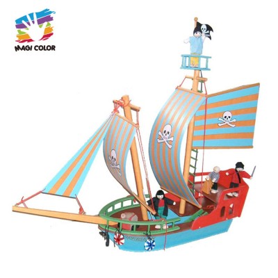 Kids Wooden set block pirate ship DIY bricks building blocks toy christmas for Wholesale W03B117