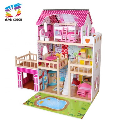 2019 Best sale big children wooden doll house with pool W06A333C